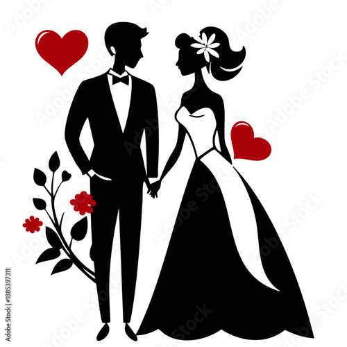 Description (vector):
Black and white wedding couple silhouette vector. Minimalist bride and groom illustration for wedding design, isolated on white background.