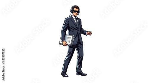 Pixel art agent in a dark suit with sunglasses and headset walking