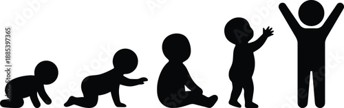 Baby development stages from crawling to standing child, growth progression vector illustration showing infancy milestones, early childhood evolution and human life cycle