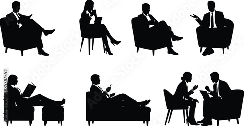 Silhouettes of business people and professionals sitting, reading, conversing, working, and relaxing in comfortable armchairs and sofas, vector illustration on white.