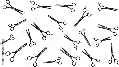 Seamless pattern of professional hair cutting scissors, barber and hairstylist tools vector illustration for salon branding, beauty industry design, and creative backgrounds