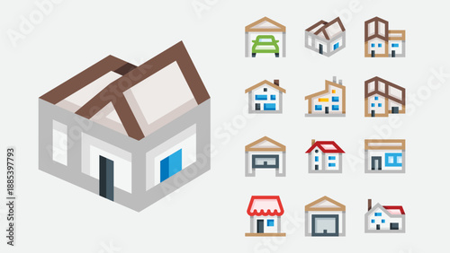 Suburb and residential neighborhood icons set