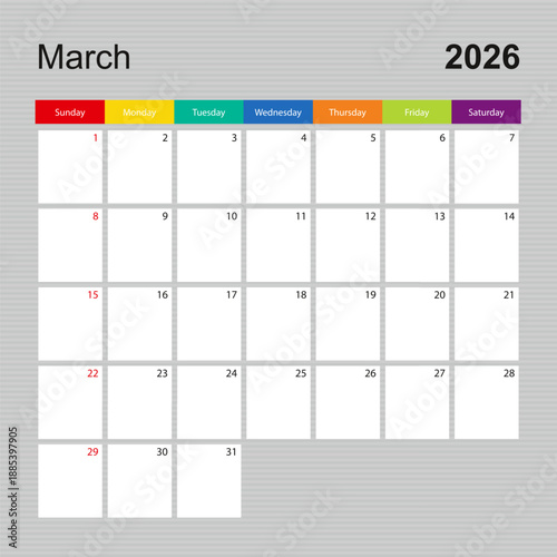 Calendar page for March 2026, wall planner with colorful design. Week starts on Sunday.