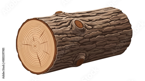 A digitally drawn log featuring rough bark and a visible crosssection of tree rings