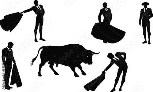 Collection of matador and bull silhouettes, traditional Spanish bullfighting action poses, black and white vector illustration for culture, heritage, festival, and vintage design