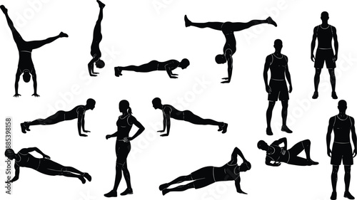 Set of male fitness silhouettes performing calisthenics and bodyweight exercises, black and white vector illustration for gym training, workout routines, and sport design
