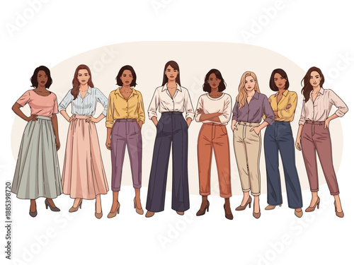 Fashion illustration of three women in stylish outfits with different accessories on a beige background