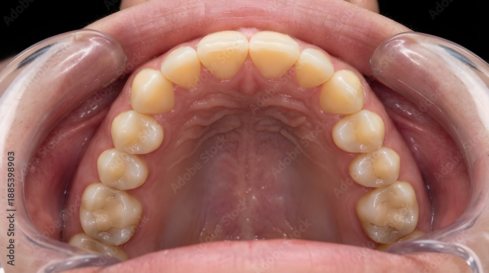 Obraz premium Intraoral Photo of Upper Dental Arch with Retractors for Orthodontic Assessment