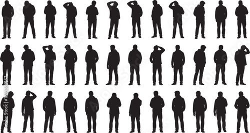Grid of human silhouette poses showing varied standing gestures and emotional expressions for animation, psychology, character design, motion study, and educational reference use.