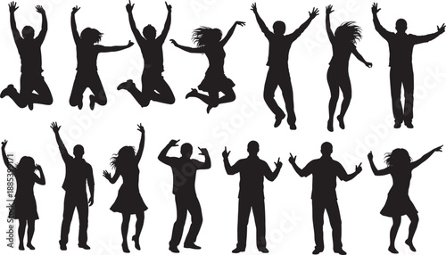 Energetic silhouette set of jumping and dancing people in expressive poses for celebration, motion study, animation, graphic design, and joyful concept illustration.