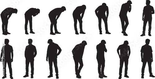 Silhouette collection of standing and leaning human poses expressing fatigue, stress, contemplation, and emotion for animation, psychology, design, and educational reference use.