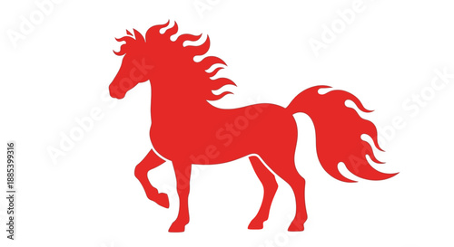 A striking red silhouette of a horse captured in mid-stride against a clean white backdrop, evoking power and movement