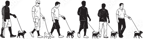 Silhouettes and line art of men walking dogs in varied styles, ideal for pet-themed design, character modeling, or artistic illustration reference