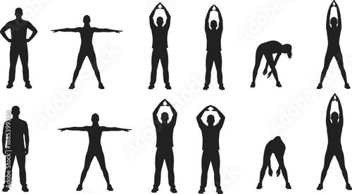 Silhouette sequence of exercise poses showing warm-up and stretching movements for fitness instruction, physical education, health design, and motion reference illustration.