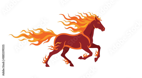 Fiery Horse Galloping Illustration with Blazing Mane and Tail, Symbolizing Untamed Power and Dynamic Energy