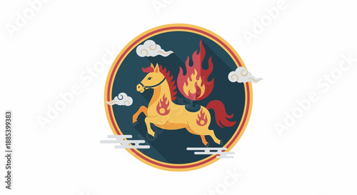 Stylized golden mythical horse with flames, galloping in a circular emblem surrounded by clouds, symbolizing strength, prosperity, and cultural heritage