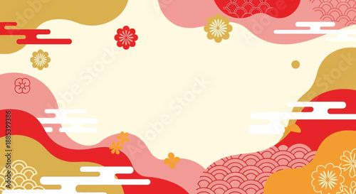 Elegant oriental art background featuring abstract wavy shapes, auspicious clouds, and traditional floral motifs in vibrant festive colors, ideal for cultural design