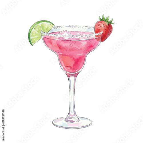 Pink strawberry margarita cocktail in classic margarita glass, festive summer drink, watercolor vector illustration isolated on white background