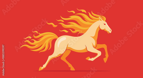 Dynamic graphic of a magnificent horse with a vivid, flame-like mane and tail, galloping with immense power and energy across a bold red background, representing speed, strength, and mythical freedom