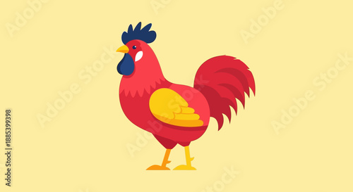 Vibrant cartoon rooster illustration with striking red feathers and a prominent comb, a playful vector graphic representing farm animals and rural life concepts with a cheerful artistic style
