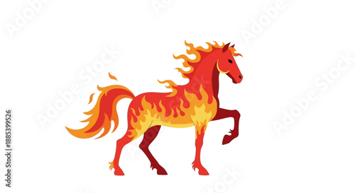 Mythical Fiery Equine Creature illustration on a white background, a majestic horse with a mane and tail of flames, symbolizing power and passion