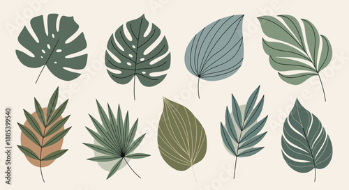Collection of ten stylized, minimalist leaves with varied shapes and muted green, gray, and brown tones