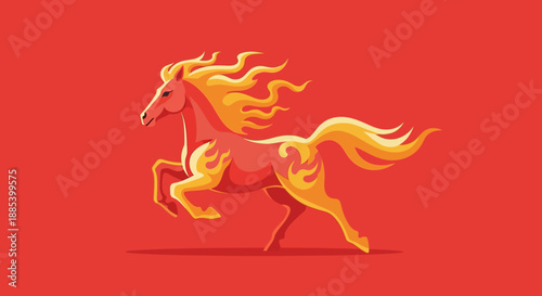 Fiery Horse Illustration with Flowing Mane and Tail on a Red Background