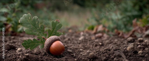 Fallen acorn sits on dirt beneath a timeless oak a promise of growth and history