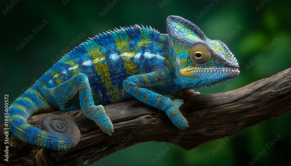 Fototapeta premium Chameleon on Branch A striking chameleon perches gracefully on a weathered branch, displaying its vibrant colors against a blurred natural backdrop.