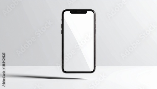 Sleek, modern floating smartphone with a blank white screen, ideal for digital mockups and UI presentations, reflecting contemporary technology and minimalist design