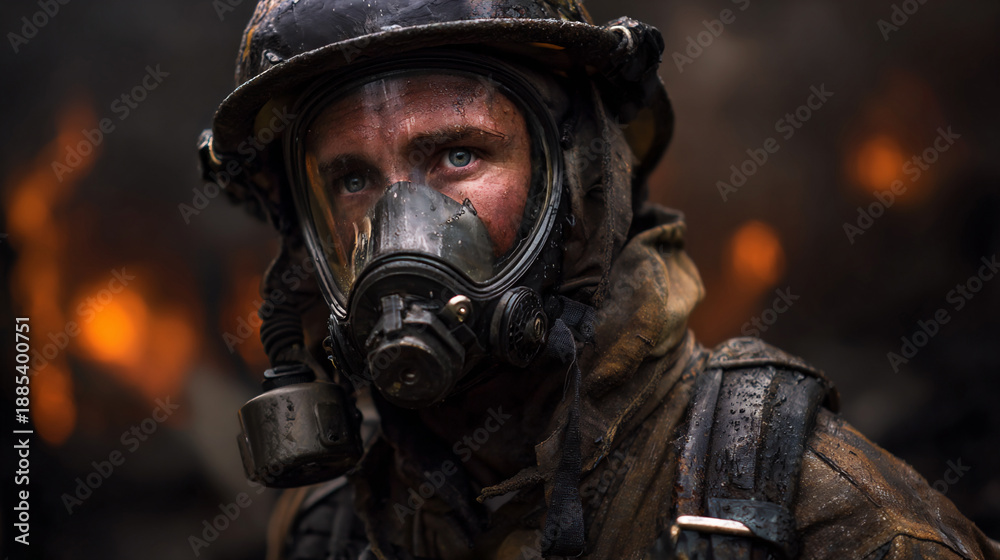 Fototapeta premium firefighter battling intense blaze in full gear, hero firefighter in smoky inferno, courageous firefighter at burning scene