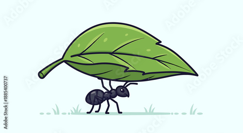 A small black ant diligently carrying a large green leaf across a light blue background, illustrating strength and perseverance.