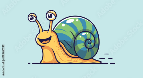 A cheerful cartoon snail with large eyes and a striped shell, moving on a light blue background.