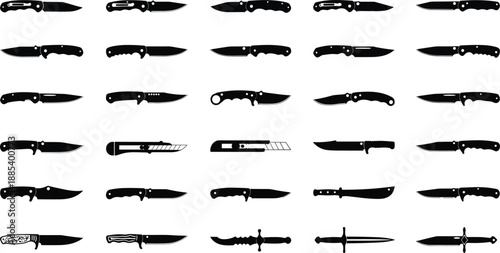Large set of knife silhouettes, black and white blade vector collection showing folding, tactical, hunting knives for outdoor, survival, and weapon design