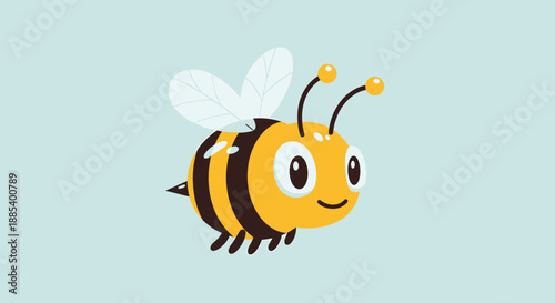A cute cartoon bee with yellow and black stripes, white wings, and a smiling face on a light blue background.
