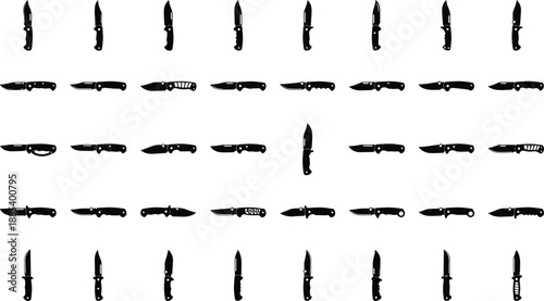 Collection of folding knife silhouettes, black and white pocket knife vector set showing multiple blade angles for outdoor, tactical, survival design use