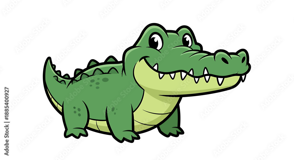 Obraz premium A cute cartoon green alligator with a friendly smile and big eyes.