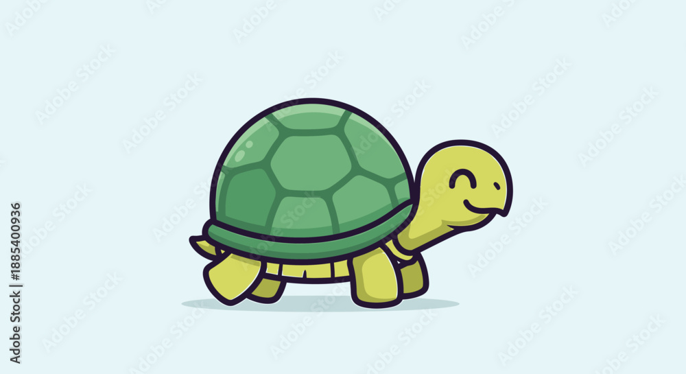 Obraz premium Cute smiling green cartoon turtle walking happily on a plain light blue background.