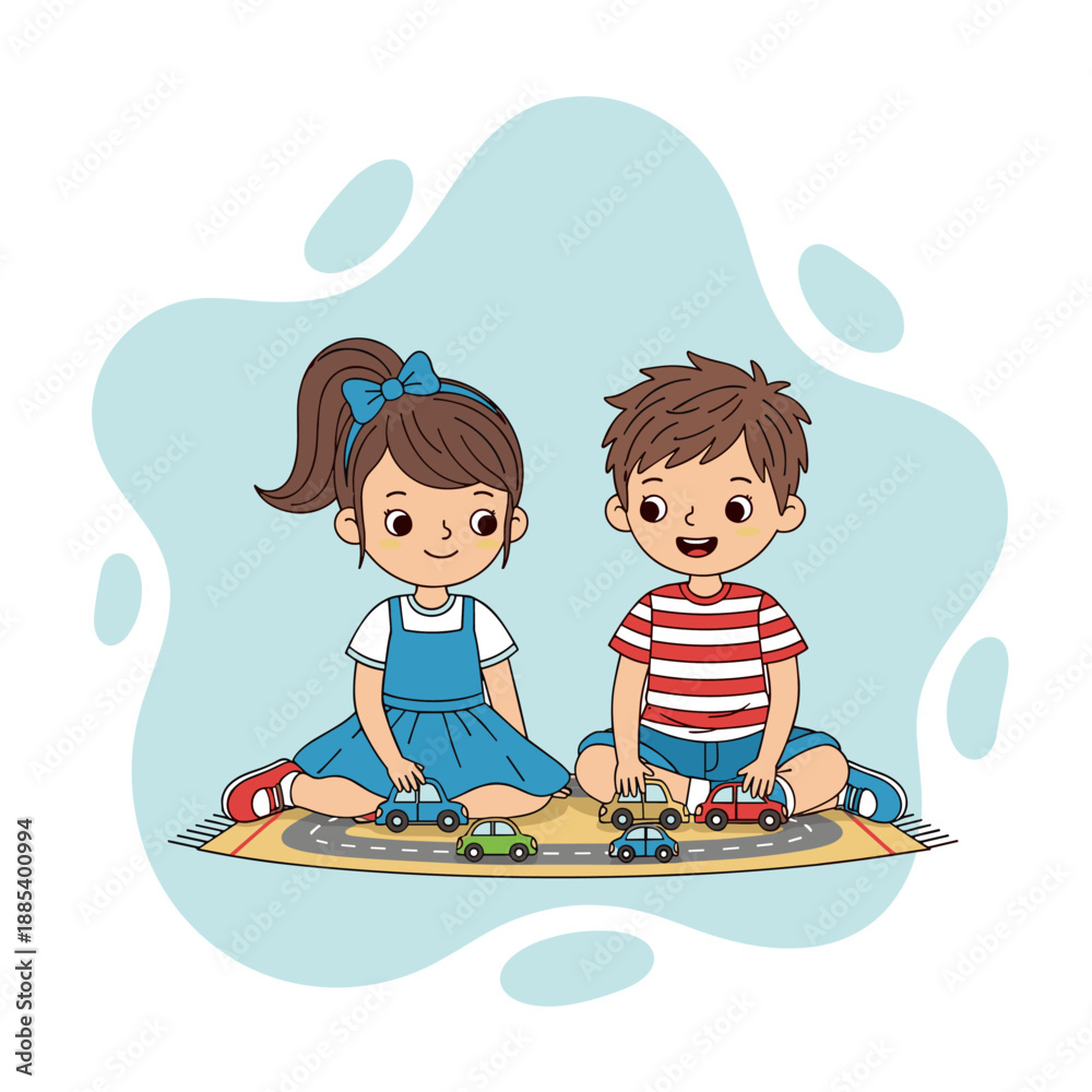 Naklejka premium Two children playing with toy cars on a colorful rug indoors 
