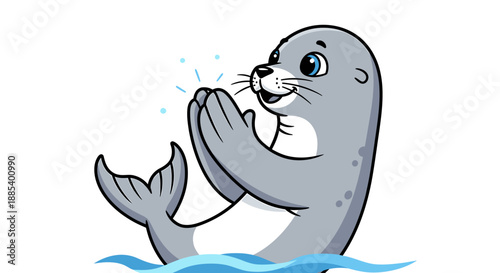 A cute cartoon seal with big blue eyes clapping its flippers in the water, smiling happily.