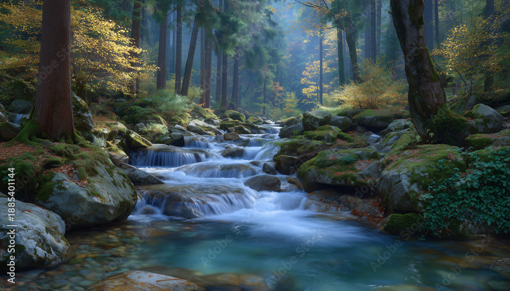 Obraz premium Serene Forest Stream Capture the tranquility of a forest, the gentle flow of a crystal-clear stream meanders through a landscape of ancient trees and moss-covered stones.