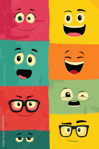 Cheerful cartoon faces on a colorful background expressing various emotions and concepts. Cartoon faces showing emotions and different personalities