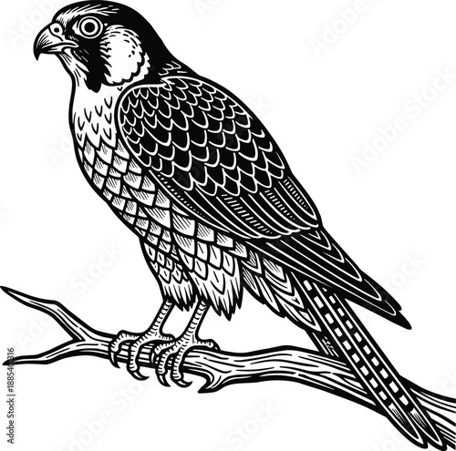 Falcon line art vector illustration, detailed bird of prey perched on branch, classic black and white wildlife engraving style design for logo, tattoo, emblem, and print use