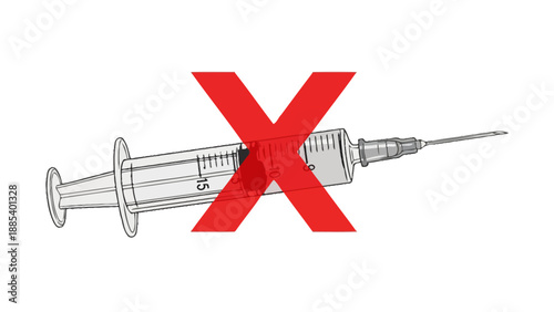 Stylized illustration of a syringe crossed out with a large red X