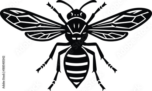 Wasp silhouette vector illustration, aggressive flying insect with spread wings, bold black and white bug design for logo, tattoo, warning sign, emblem, and print use