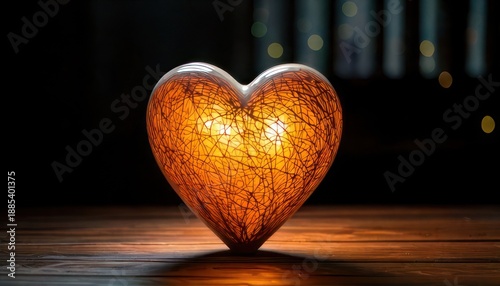 Glowing heart on wooden surface against dark background.