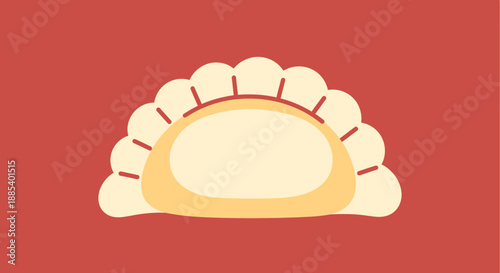 A simple cartoon illustration of a single golden dumpling with crimped edges on a solid red background.