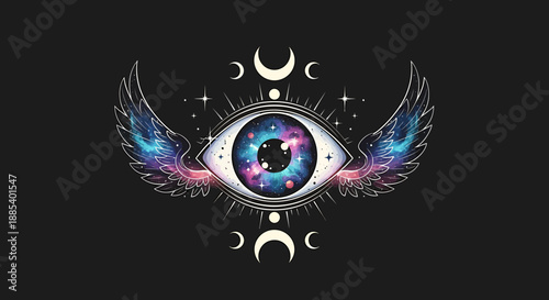 Cosmic eye with galaxy iris, winged design, crescent moons, and stars on a black background.