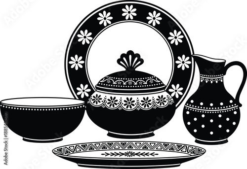 Decorative tableware silhouette vector illustration, ornamental plates bowl tureen and jug in black and white, traditional kitchen dining set design