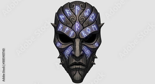 A dark, stylized mask with glowing blue runic symbols and intricate patterns, evoking ancient magic and mystery.